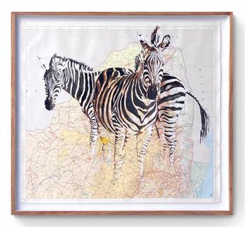 Lisette Forsyth, Kruger Z, acrylic and ink painting of two zebra on a vintage Kruger National Park map.