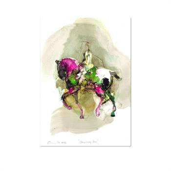 Contemporary equestrian painting of a horse and rider in green and pink ink
