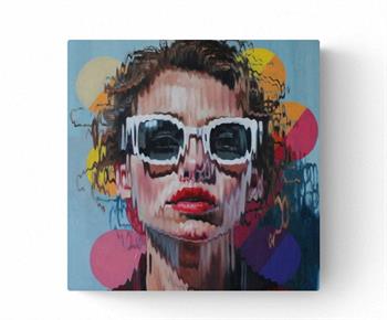 Pop art style painting of a young woman wearing white sunglasses