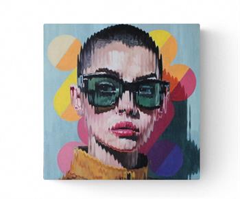 Pop art painting of a short-haired young woman wearing green sunglasses
