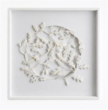 Jo Roets, Wisdom Of The Oaks, framed white ceramic relief sculpture depicting oak leaves, branches and acorns arranged within a circular composition.