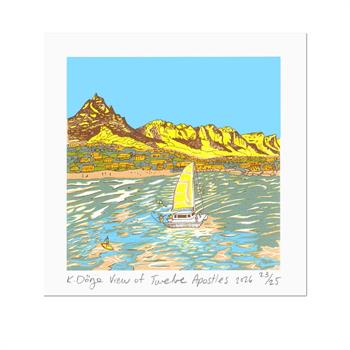 Small 16 x 16 cm artwork capturing the iconic Cape Town mountain range in a vibrant, graphic style.