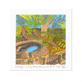 Small silkscreen artwork depicting the bird shaped pool at Kirstenbosch Botanical Gardens