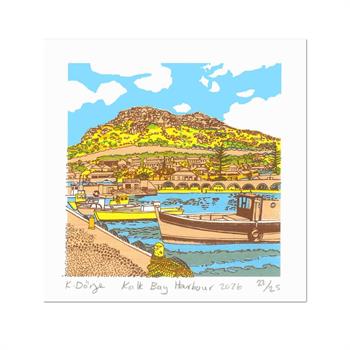 small colourful graphic-style artwork depicting Kalk Bay Harbour