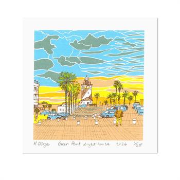 A small silkscreen print by Kitty Dörje depicting Cape Town’s iconic Green Point lighthouse in contemporary colour