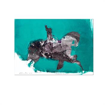 Mixed media work on paper depicting horse and rider against a turquouise background in an expressive style.
