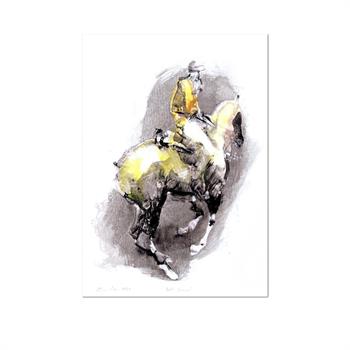 Ink painting on paper depicting a horse and rider by equestrian artist Pascale Chandler