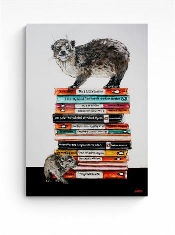 On Top Of The World by Grace Kotze depicts a dassie perched atop a stack of colourful books.