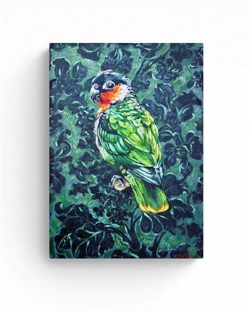 Colourful green parrot perched against a decorative leafy background painting by Grace Kotze.
