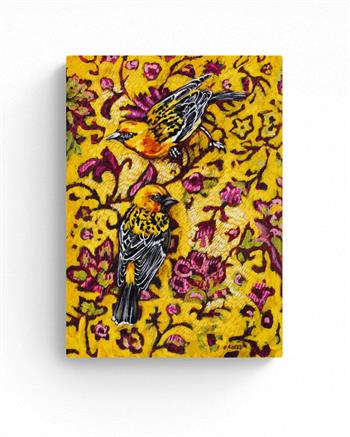 Thread Of Summer by Grace Kotze is a painting which depicts two golden weaver birds against a vibrant floral patterned background.