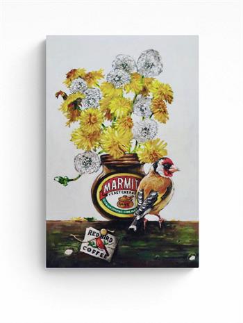 Marmite Yellow by Grace Kotze, acrylic painting of a European goldfinch beside a vintage Marmite jar filled with yellow dandelions and white seed heads