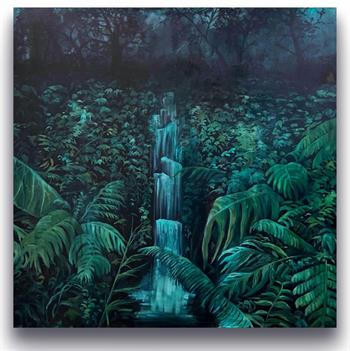 Glow by Kate Schärf, original oil painting of a lush forest with cascading waterfalls and tropical foliage,