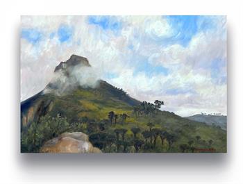 Lion's Head In The Mist by Joanna Lee Miller, original oil painting of Lion's Head in Cape Town with mist-covered summit and fynbos landscape.