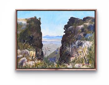 Mind The Gap by Joanna Lee Miller, original oil painting on wood panel of a rocky mountain pass overlooking the Western Cape landscape, framed in Kiaat wood.