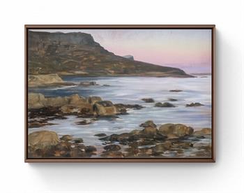Framed oil painting of Bakoven’s rocky shoreline beneath a pale pink dawn sky, titled Bakoven Before Sunrise by Joanna Lee Miller.
