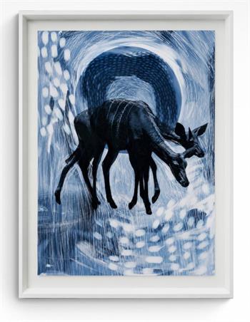 Framed blue digital artwork of overlapping bucks surrounded by sweeping white lines and rain-like marks, titled Shower by Balekane Legoabe.