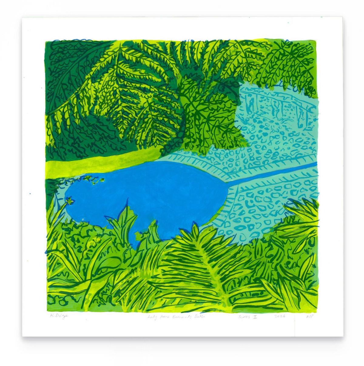 Lady Anne Barnard's Bath Series I by Kitty Dörje, green and blue silkscreen print depicting the historic pool surrounded by lush plants at Kirstenbosch.