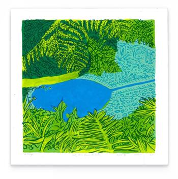 Lady Anne Barnard's Bath Series I by Kitty Dörje, green and blue silkscreen print depicting the historic pool surrounded by lush plants at Kirstenbosch.