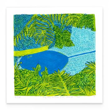 Lady Anne Barnard's Bath Series II by Kitty Dörje, colourful silkscreen print of the blue Kirstenbosch pool surrounded by lush green foliage.