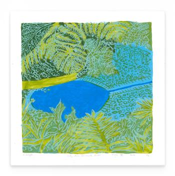 Lady Anne Barnard's Bath Series IV by Kitty Dörje, silkscreen print of the blue Kirstenbosch pool framed by layered green and turquoise ferns.