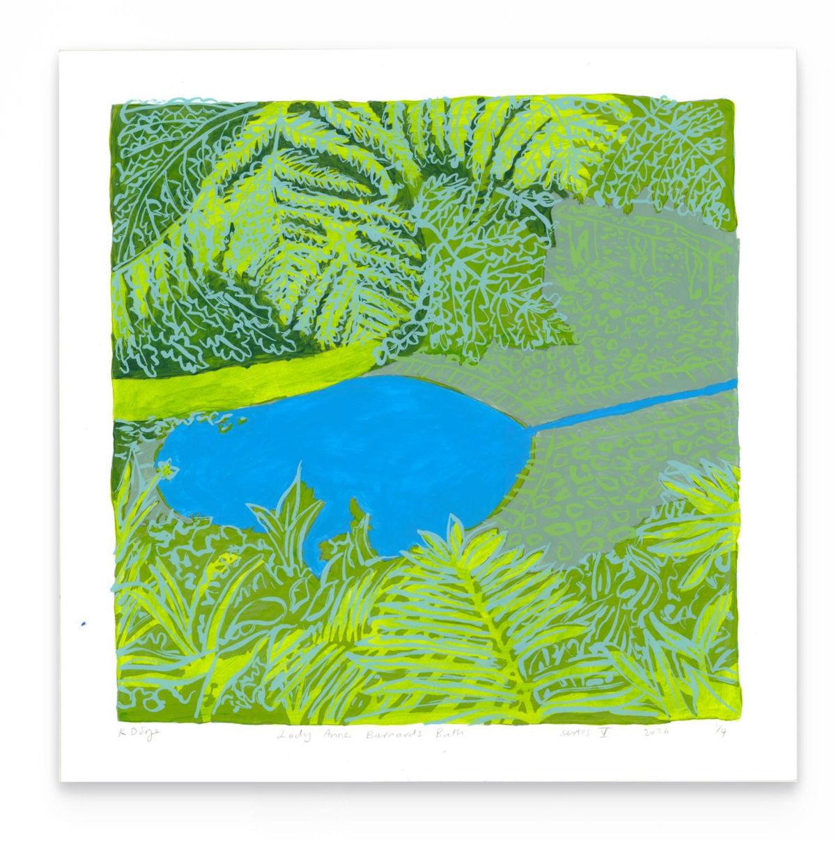 Lady Anne Barnard's Bath Series V by Kitty Dörje, silkscreen print of the blue Kirstenbosch pool surrounded by lush green ferns and foliage.
