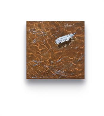 Between The Tides II by Laurel Holmes, oil painting of a feather floating on rippling water
