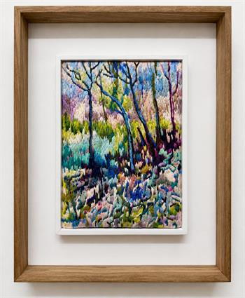 Breathing Space #30 by Karen Wykerd, colourful hand-embroidered forest landscape on canvas in a natural wood frame