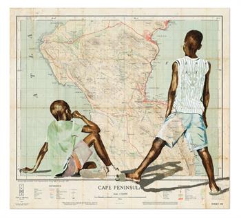 Two young boys painted on vintage Cape Peninsula map by Lisette Forsyth
