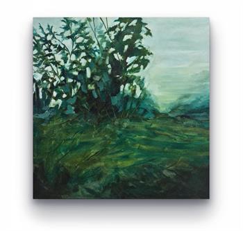 In Limbo by Kate Schärf, original oil painting depicting dark green foliage and a misty landscape in shades of turquoise, forest green and blue-grey.