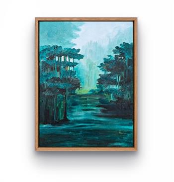 Edge of the Void by Kate Schärf, original oil painting of a turquoise forest landscape with dark trees and a misty clearing, framed in natural kiaat wood.