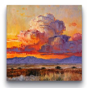 Aria III by Corné Eksteen, oil painting of glowing orange and violet sunset clouds above the grasses of the African savanna.