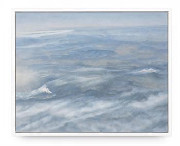 Smoke Signals by Catherine Ocholla, original oil painting of an aerial mountain landscape with drifting clouds and blue mist, framed in white.