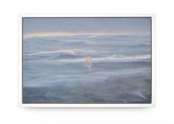 Sugar High by Catherine Ocholla, original blue oil landscape painting showing an aerial view of misty mountains and clouds, framed in white.