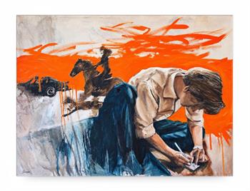 Stream of Inspiration by Janna Prinsloo, contemporary mixed media painting of a young man writing, a galloping horse and a car against vivid orange.
