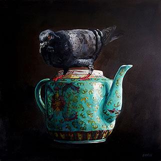 The Pigeon And The Chinese Teapot - Painting by Grace Kotze