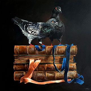 The Pigeon And The Antique Books - Painting by Grace Kotze