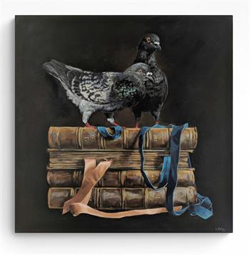 Pigeon And Antique Books - Painting by Grace Kotze