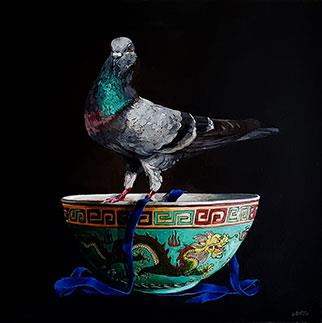 The Pigeon And The Chinese Dragon Bowl - Painting by Grace Kotze