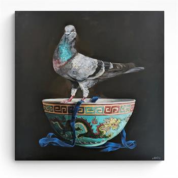 Pigeon & Chinese Dragon Bowl - Painting by Grace Kotze
