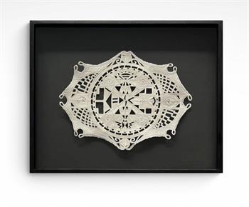 Jo Roets, Skin, framed ceramic wall sculpture in white natural stone clay featuring intricate geometric patterns and textured abstract motifs against a black background.