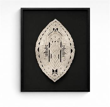 Jo Roets, Shield, framed ceramic wall sculpture in stone clay featuring intricate geometric patterns and symbolic shield-inspired motifs against a black background.