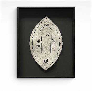 Jo Roets, Shield, framed ceramic wall sculpture in stone clay featuring intricate geometric patterns and symbolic shield-inspired motifs against a black background.