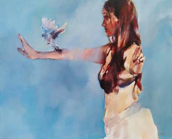 Blue Bird Calling - Painting by Helen van Stolk