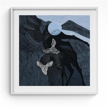 Framed blue-black digital artwork of two outlined buck heads in a mountainous landscape beneath a pale moon-like orb, titled Midnight by Balekane Legoabe.