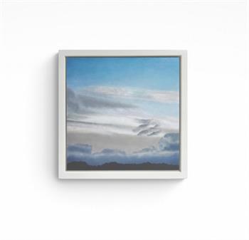 small photorealistic oil painting of a cloud filled sky with a sliver of horizon