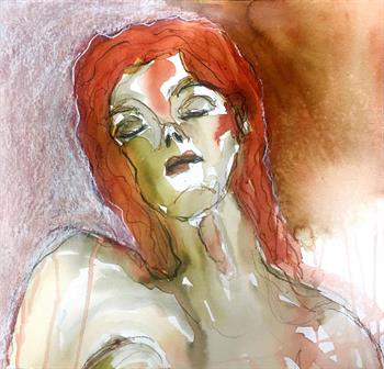 Portrait painting of a woman her eyes closed. She has bright red hair and bare shoulders.