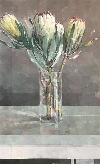 Proteas In A Glass Vase - Painting by Jeannie Kinsler