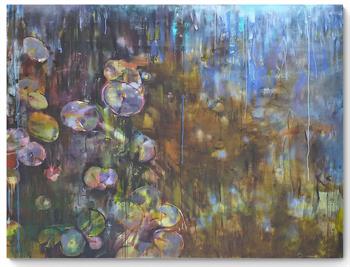 large painting by Joanne Reen of water lilies inspired by Monet
