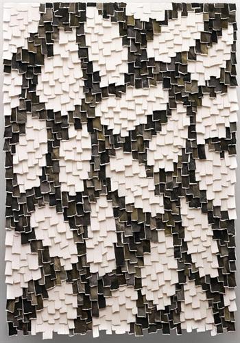 contemporary artwork made from torn paper strips in black and white