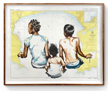 painting on an old map of Southern Africa of children on a beach